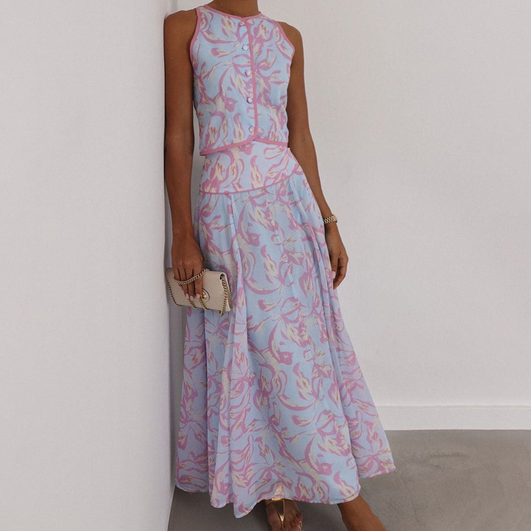 Abstract Print Sleeveless Crop Vest & Flared Midi Skirt 2-Piece Set 6