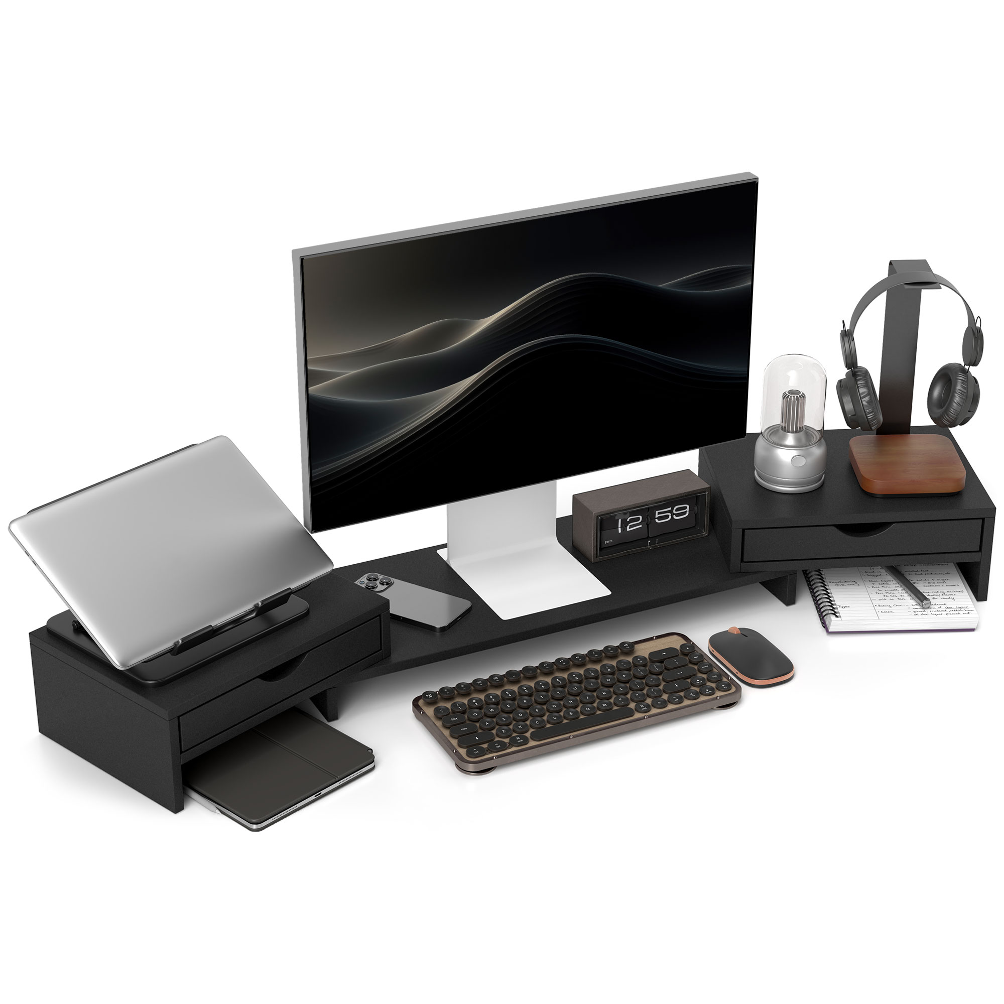 Dual Monitor Stand With 2 Drawers, Adjustable Length And Angle, 116cm Suitable — image 2