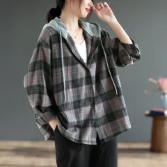 Literary Casual Large Hooded Shirt - Red - View 1