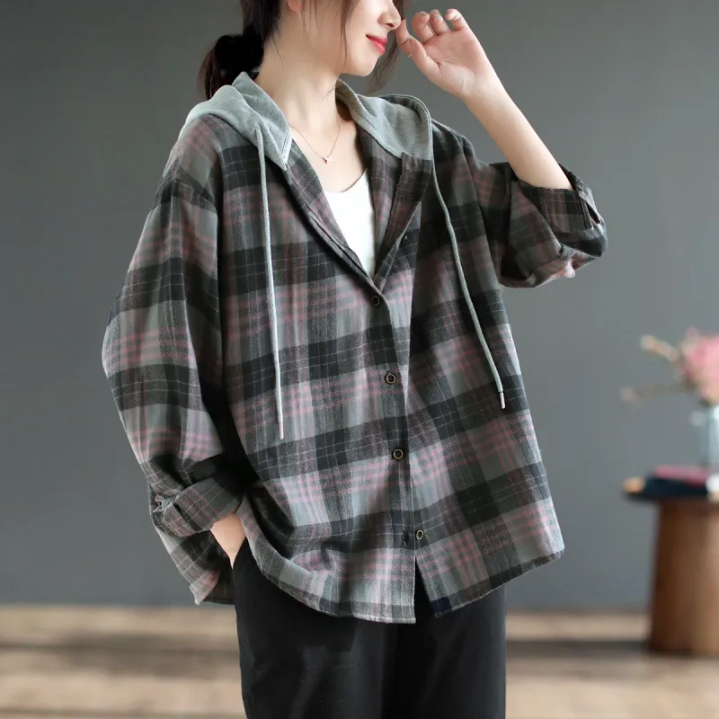 Literary Casual Large Hooded Shirt - Red Grey Grid