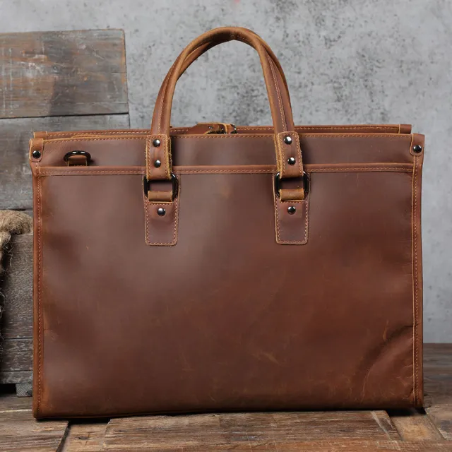 First Layer Cowhide Men's Business Large Capacity Genuine Leather Laptop Bag Brown - Shop at LoveMi