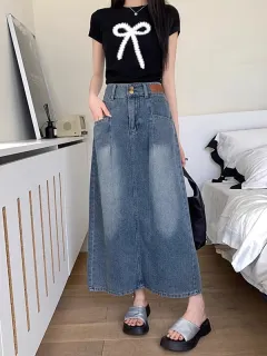 Retro Denim Skirt For Women Summer High Waist Back Slit Medium Long Slim A-line Skirt - Blue - View 1