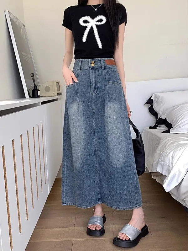 Retro Denim Skirt For Women Summer High Waist Back Slit Medium Long Slim A line Skirt Blue - Shop at LoveMi