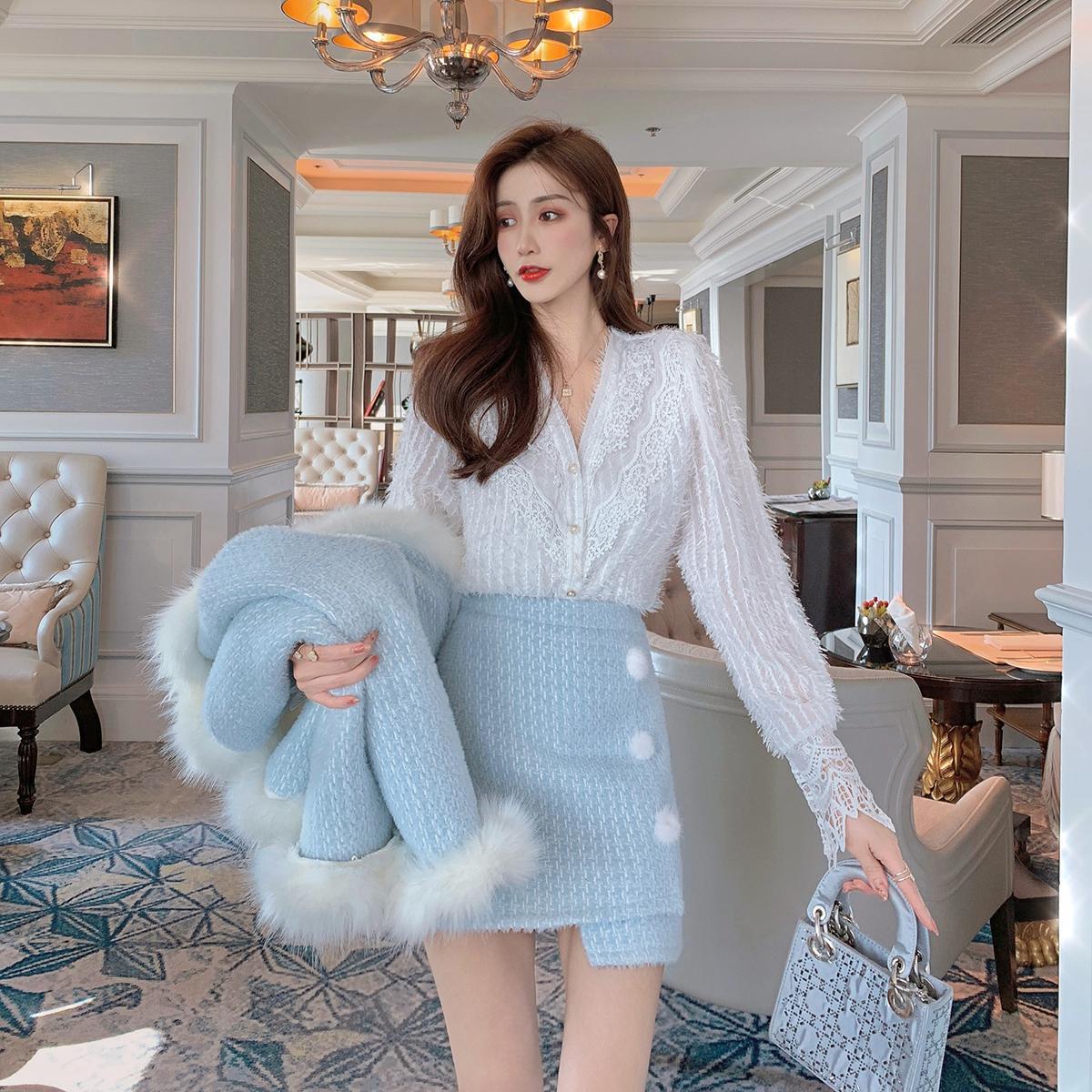 French Irregular Woolen Coat And Skirt Set