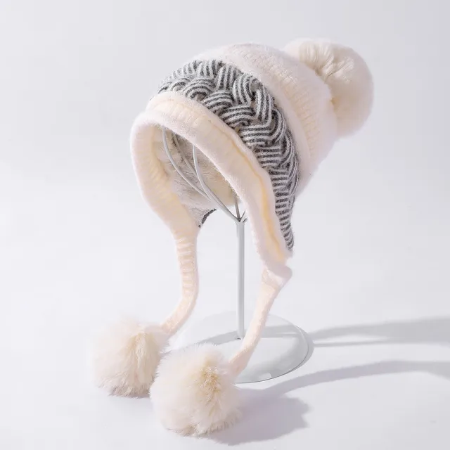 Color blocking Twist Three hair Ball Ear Protection Wool Hat White - Shop at LoveMi
