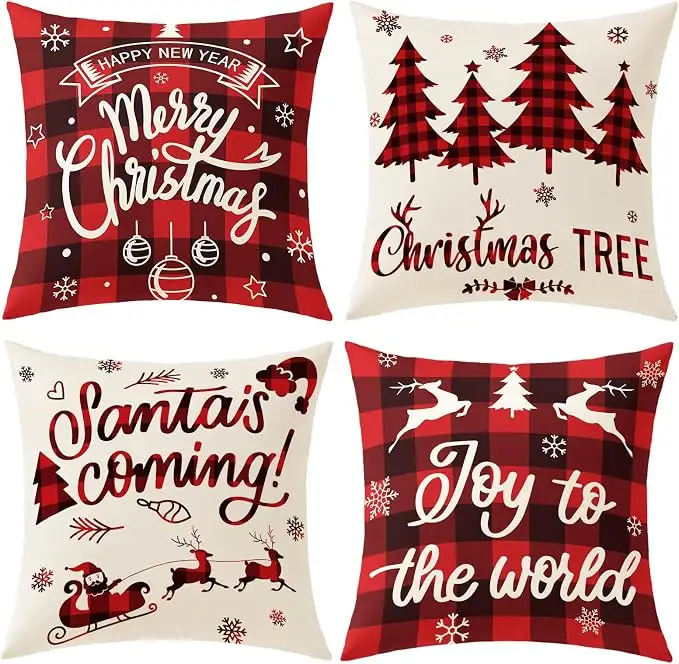 Plaid Christmas Pillow Covers 18x18, Red Black