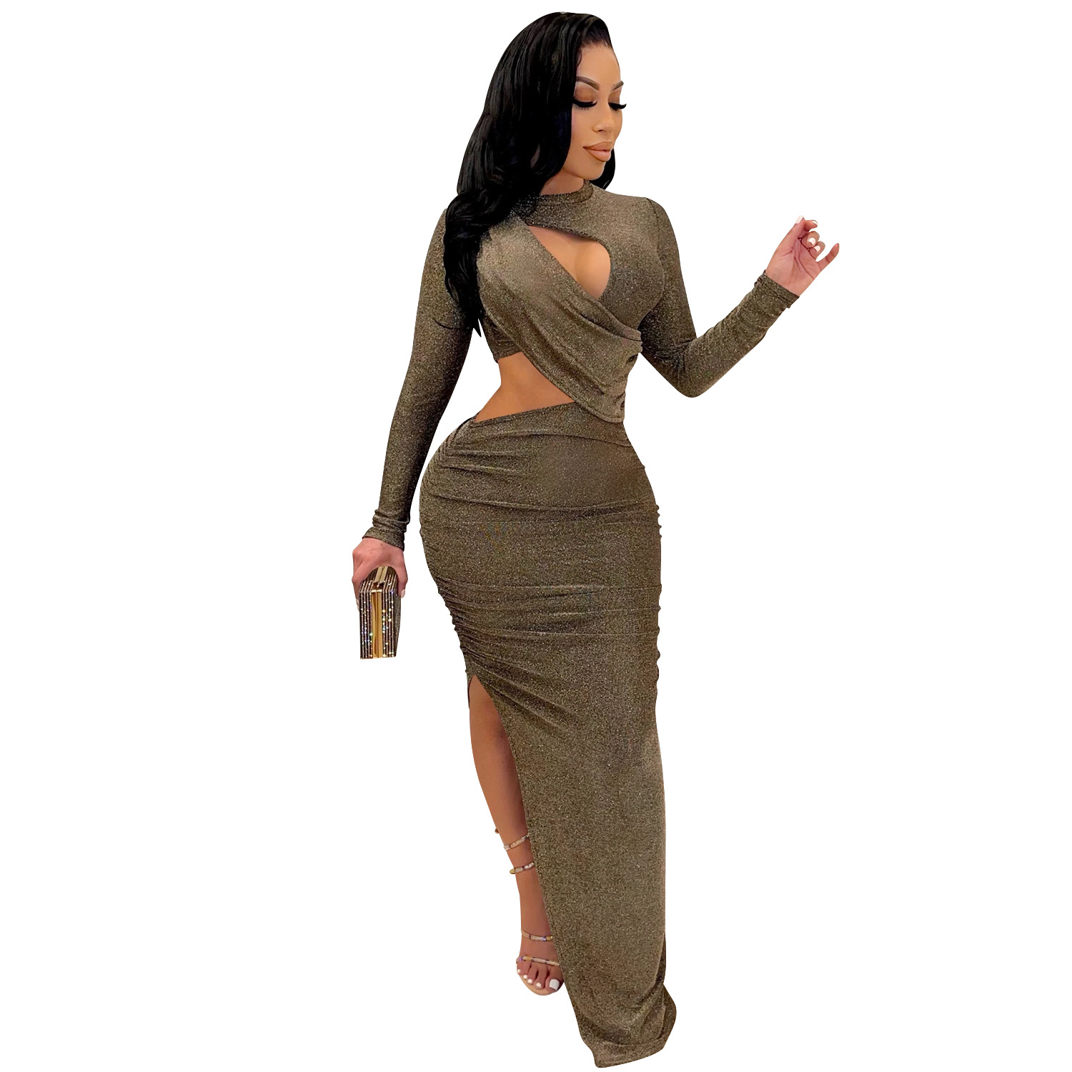 Ladies Long Sleeve Hollow Split Dress - 4