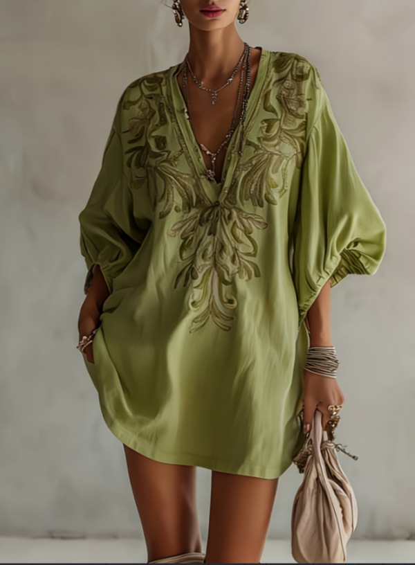 Embroidered V-neck Lantern Sleeve Cotton Linen Loose Short Dress
