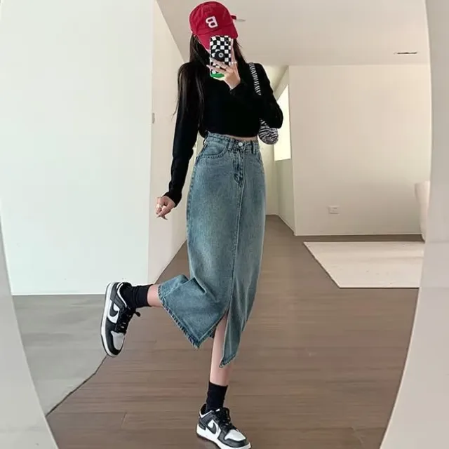 High Waist Slit Denim Skirt For Women A line Slimming Hip covering Design Mid length Skirt Blue - Shop at LoveMi