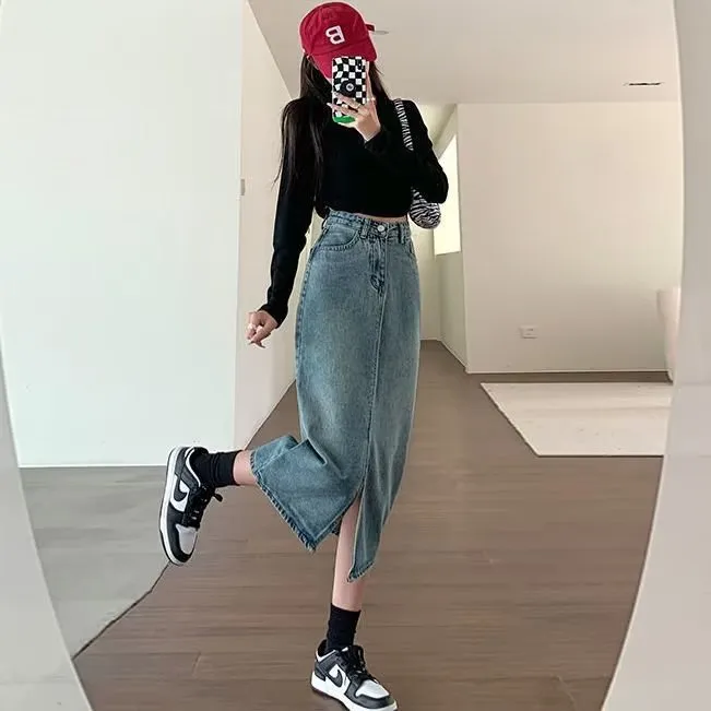 High Waist Slit Denim Skirt For Women A-line Slimming Hip-covering Design Mid-length Skirt - Blue