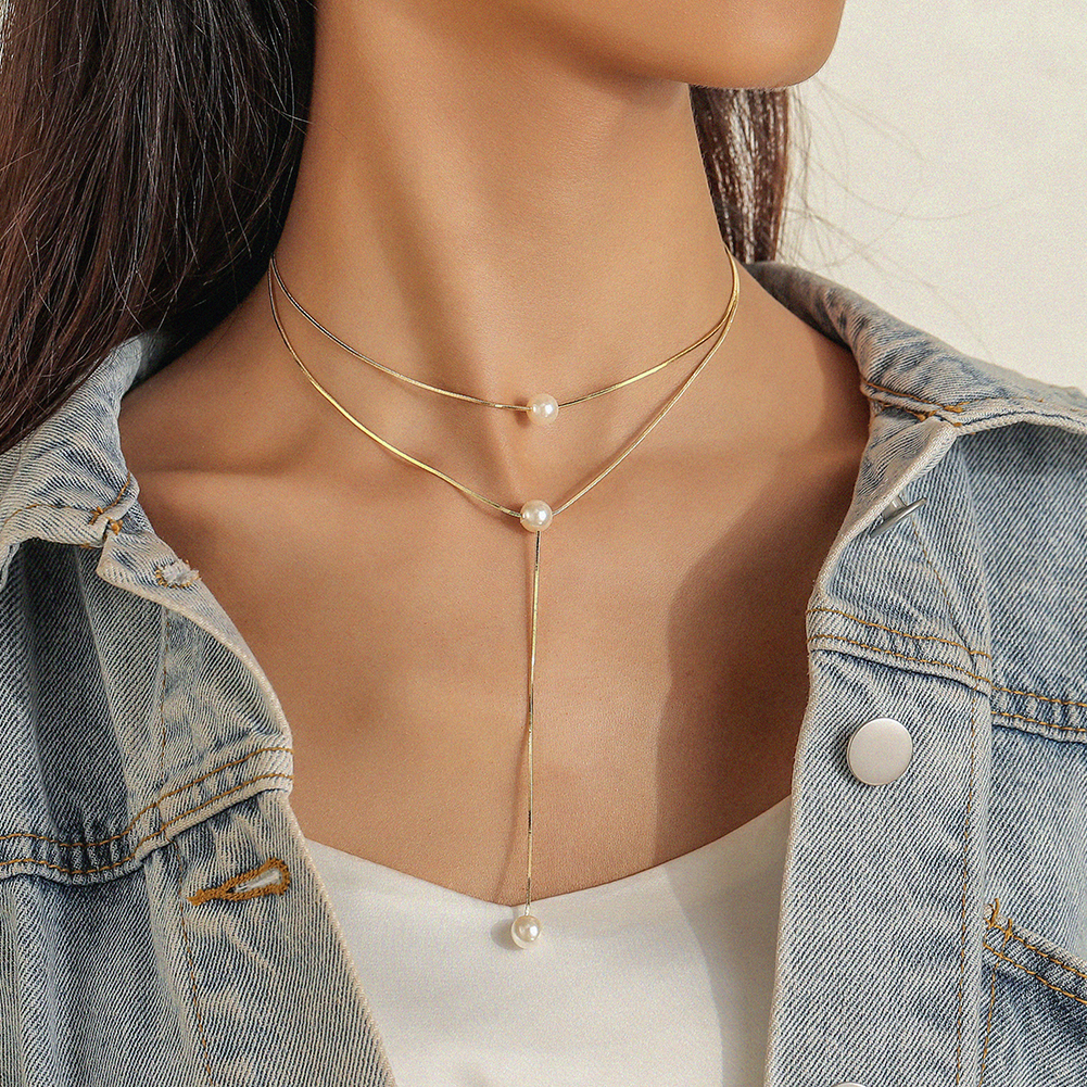 Simple Style Pearl Chain Double Clavicle Chain Europe And America Stacked Snake Bone
