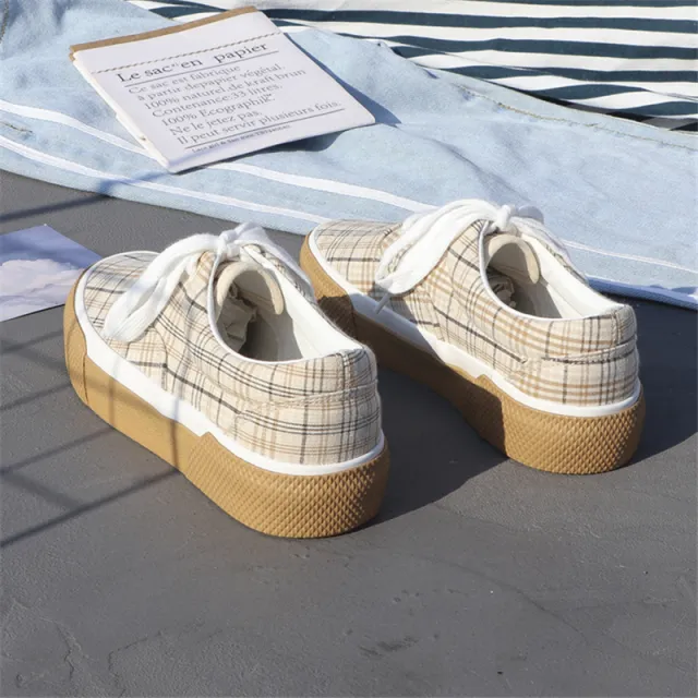 Houndstooth Tartan Canvas Harajuku Sneakers Khaki - Shop at LoveMi