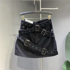 Design Denim Skirt With Black Straps - Black - View 1