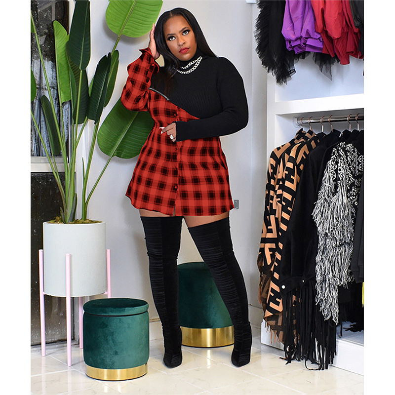 Round Neck Plaid Short Skirt Knit Dress