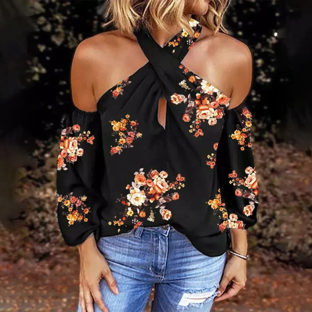 European And American Print Women's Long-sleeve Halterneck Open-back Loose Top