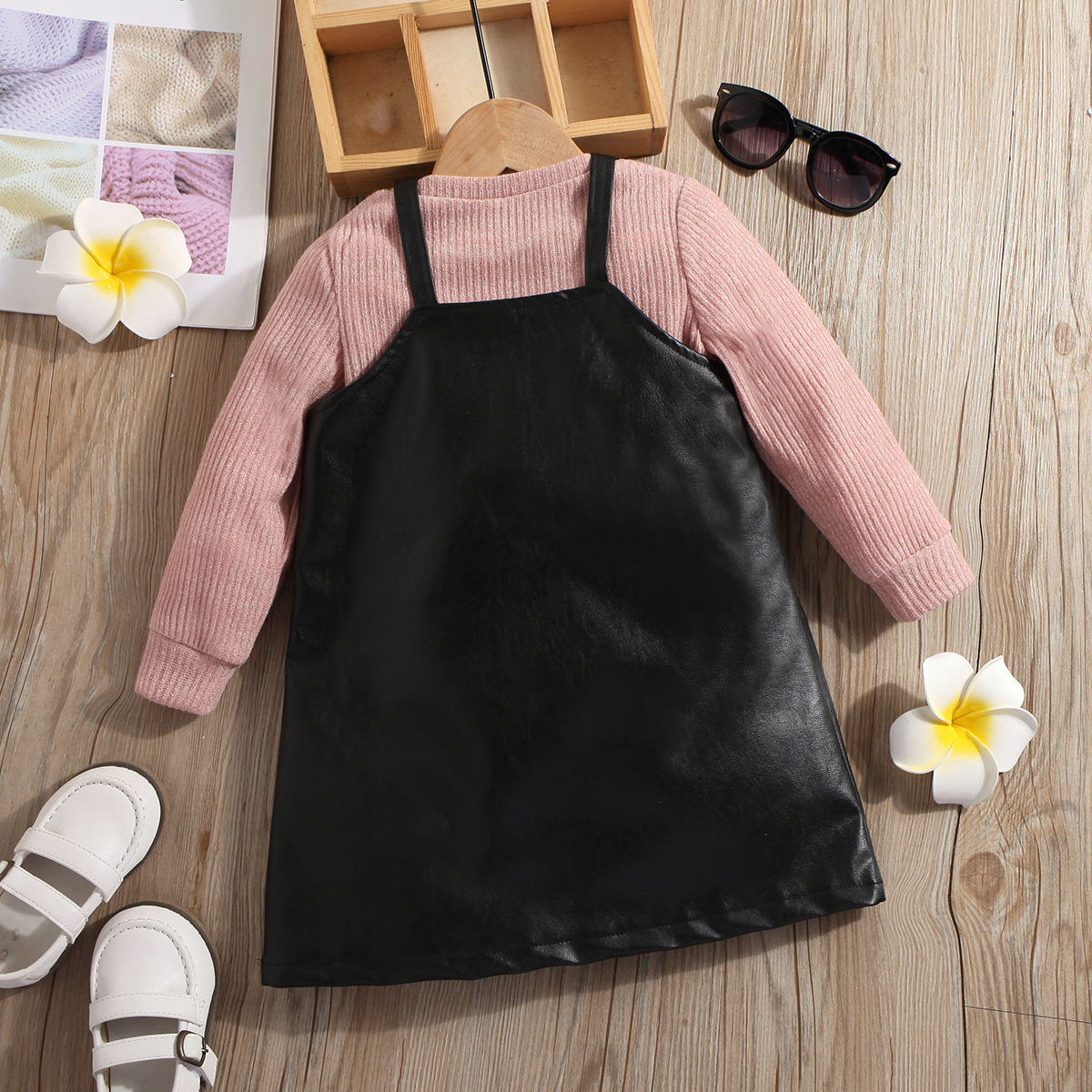 Girls' Long-sleeved Knitted Bottoming Top And Leather Suspender Skirt