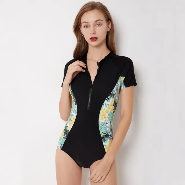 New Style Swimsuit One Piece Swimsuit Feminine Halter Back Long Sleeved Colorful Leaf Diving Suit Black - Shop at LoveMi
