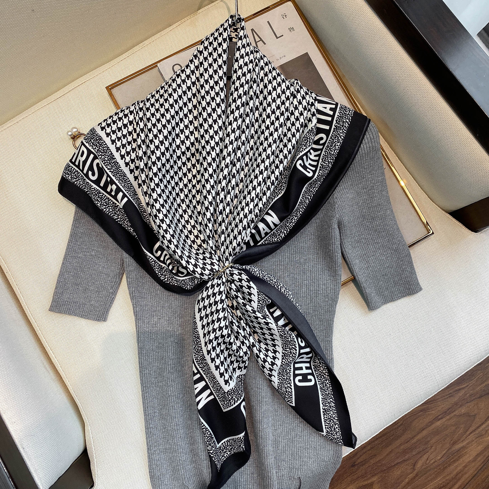 Spring Summer Geometric Pattern Blue Plain Print Scarf H206 Black - Shop at LoveMi