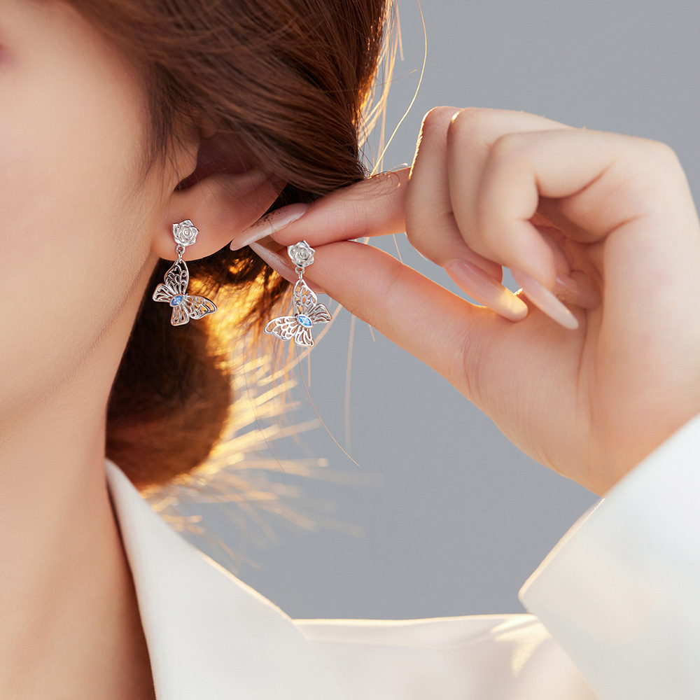 New 925 Sterling Silver Stud Earrings For Women Trendy Textured Blue Zircon