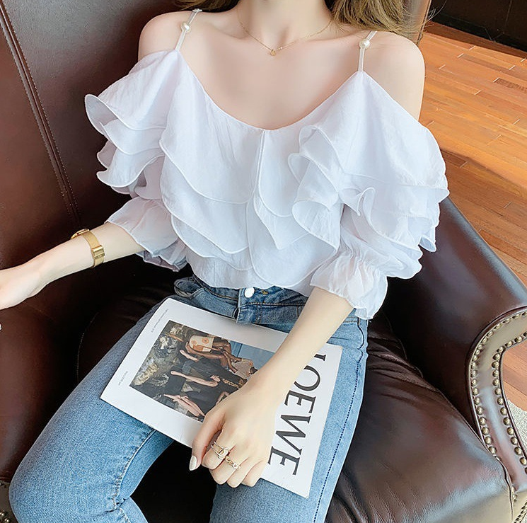 Title 2, One Word Neck Chiffon Shirt Off Shoulder Ruffle...