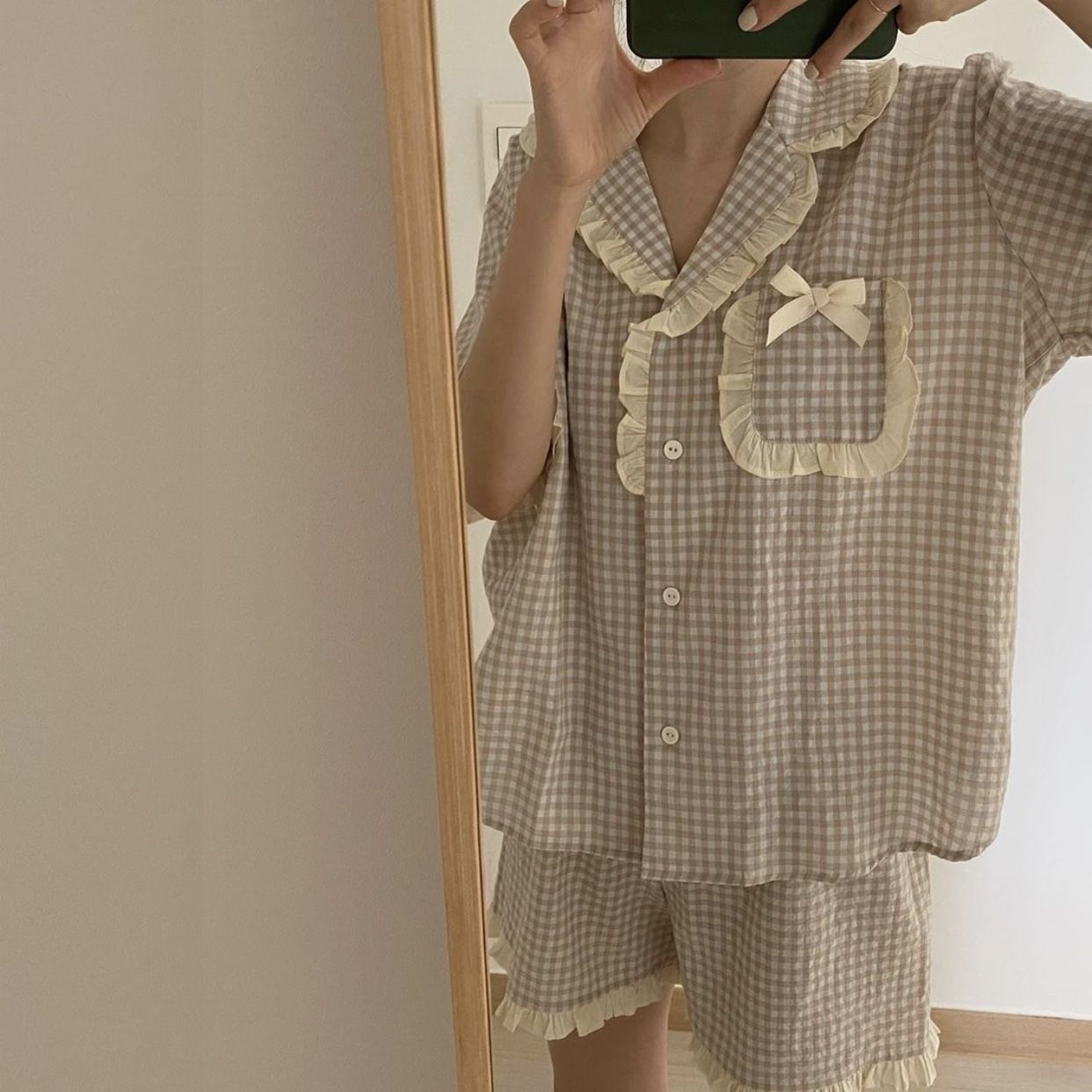 Title 1, Korean Ins Wooden Ear Lace Plaid Nightdress Fem...