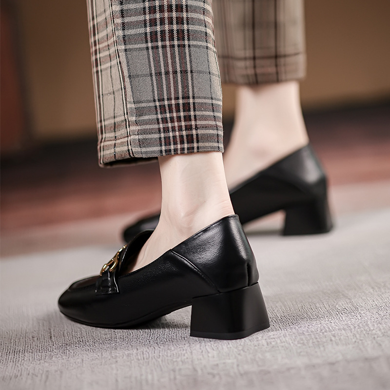 Horsebit Loafer Women's Leather Mid-heel Square Toe Women's Shoes