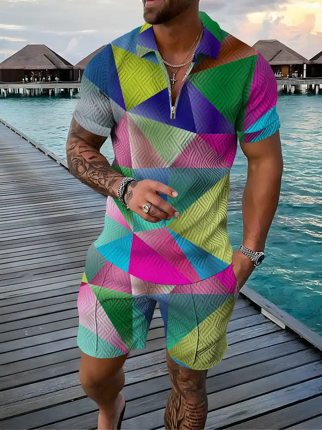 Men's Summer Fashion 3D Printed Short Sleeve Geometric Zip Lapel Shirt Set