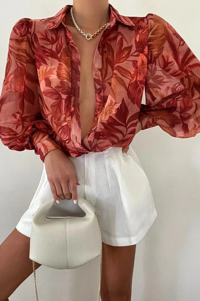 Long Sleeve Printed Shirt Women's Spring Single breasted Cardigan Coffee - Shop at LoveMi
