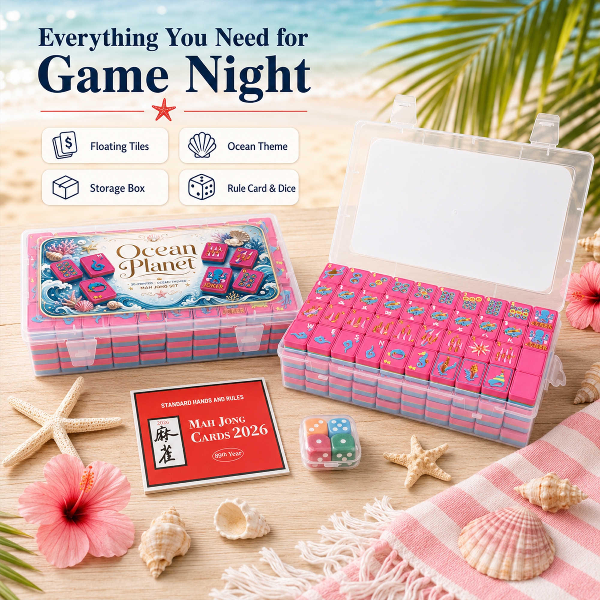 160PCS Floating American Mahjong Set Ocean Theme, Acrylic Mahjong Tiles With Storage Box, Dice And Rule Cards For Pool Party Travel Game Night