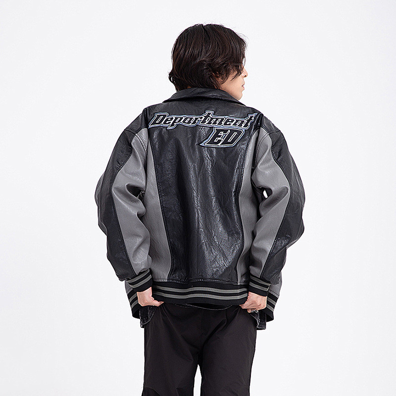 Men's And Women's Vintage Letter Embroidered PU Leather Jacket