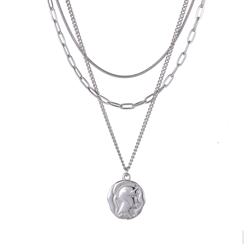 Irregular Cast Relief Figure Knight Three Layered Wearing Necklace Short Chain