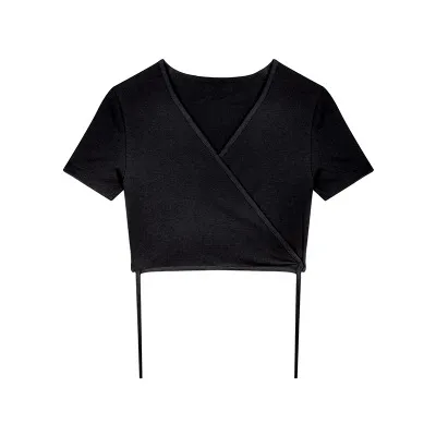 High Waist Short Cropped Navel Design Style V neck Black Short sleeved T shirt Black - Shop at LoveMi