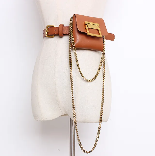Concave Shape Double layer Chain Decoration Mini Square Belt Bag Camel - Shop at LoveMi