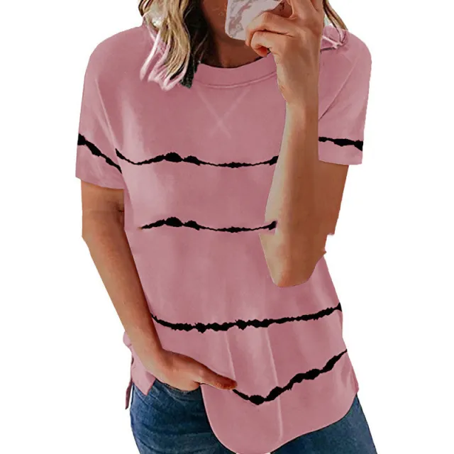 European And American New Neckline Cross Stripe Print T shirt Pink - Shop at LoveMi