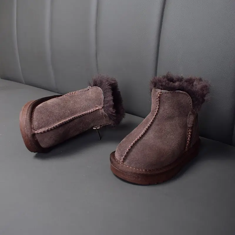 New Winter Children Snow Boots Genuine Leather Wool Girls