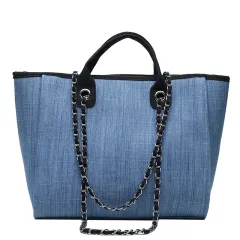 Simple Chain One-shoulder Diagonal Tote Bag - Blue - View 1