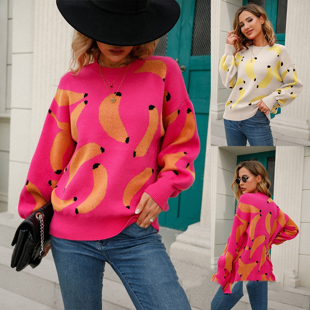 Fruit Pattern Dropped Shoulder Knit Pullover