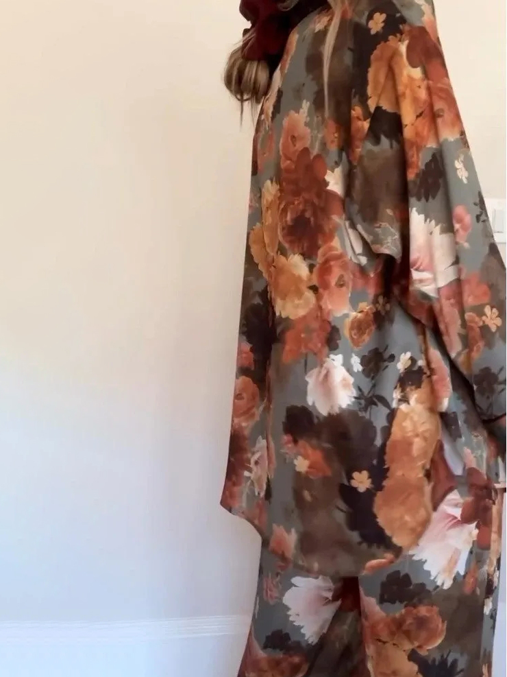 Vintage Floral Print Satin Pajama Set