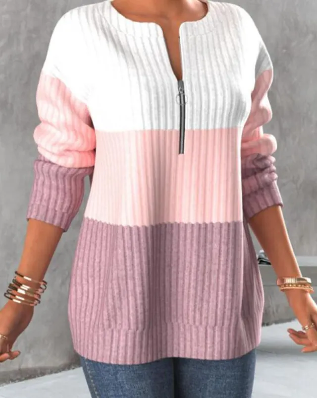 Zipper Contrast Panel Standing Neck Long Sleeve Tan - Shop at LoveMi
