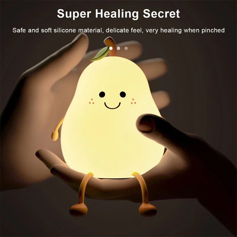 LED Pear Fruit Night Light USB Rechargeable Dimming Touch Silicone Table Lamp Bedroom Bedside Decoration Couple Gift Boby Light – image 5