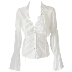 Women's Short Black Waist Long Sleeve Shirt - White - View 1