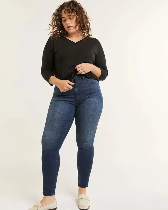 Large Size High Elastic All matching Denim Slim Jeans Dark Blue Ninth Pants - Shop at LoveMi