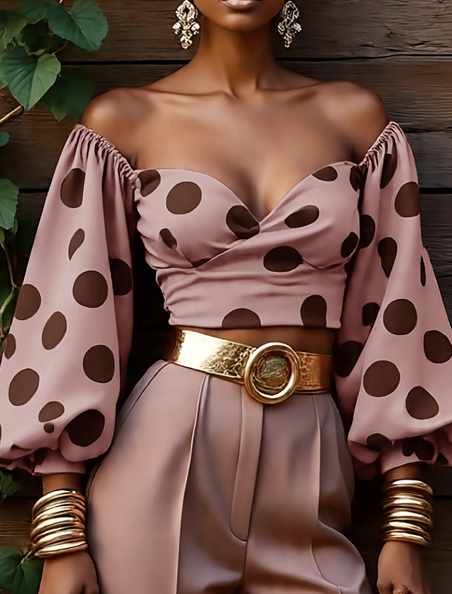 Retro Polka Dot Off-shoulder Puff Sleeve Short Top, Women's Fitted Waist Slimming Long Sleeve Shirt