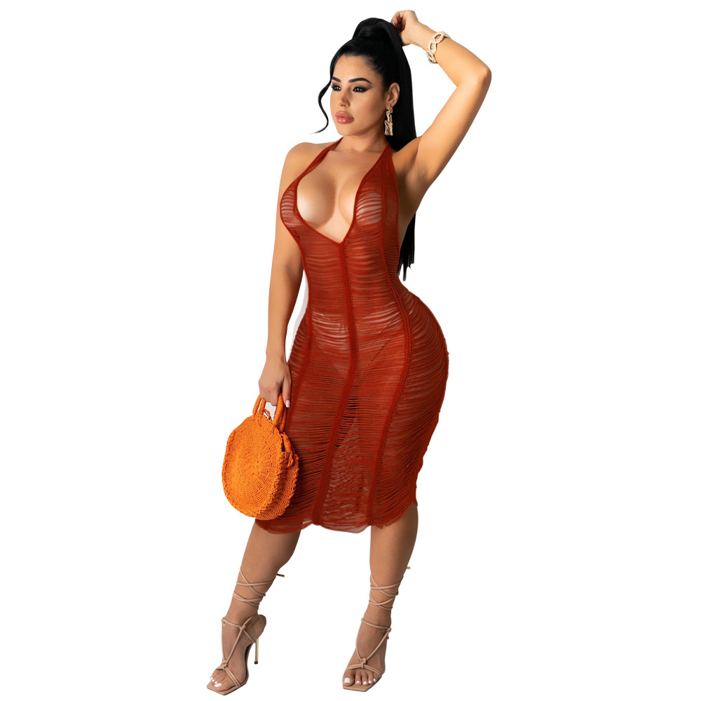 New European And American Women's Sexy See-through Hollow Beach Dress
