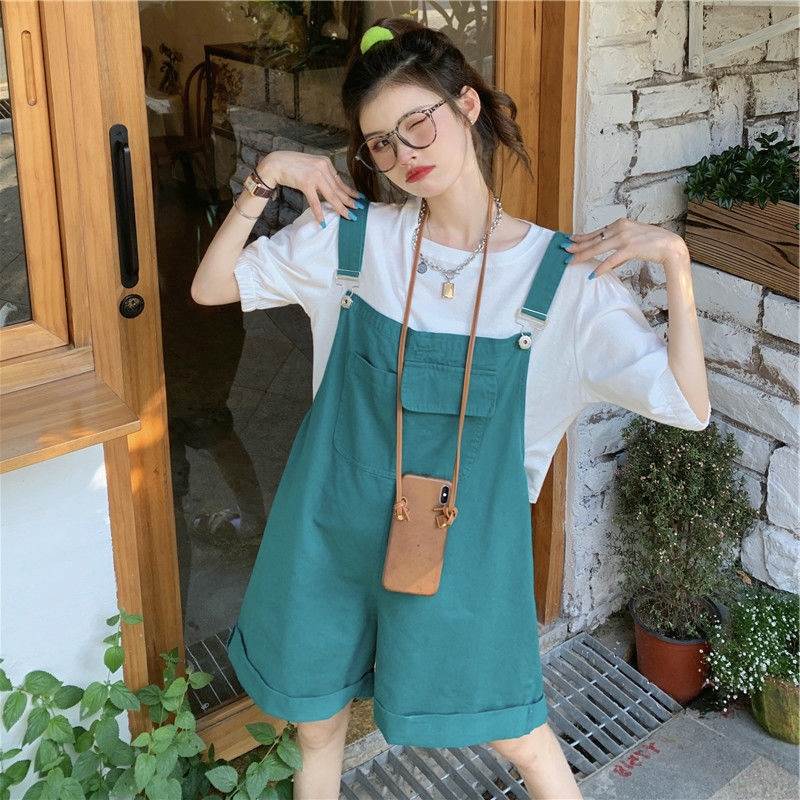 Suspender Shorts Women's Flanging Solid Color Cropped Pants Green - Shop at LoveMi