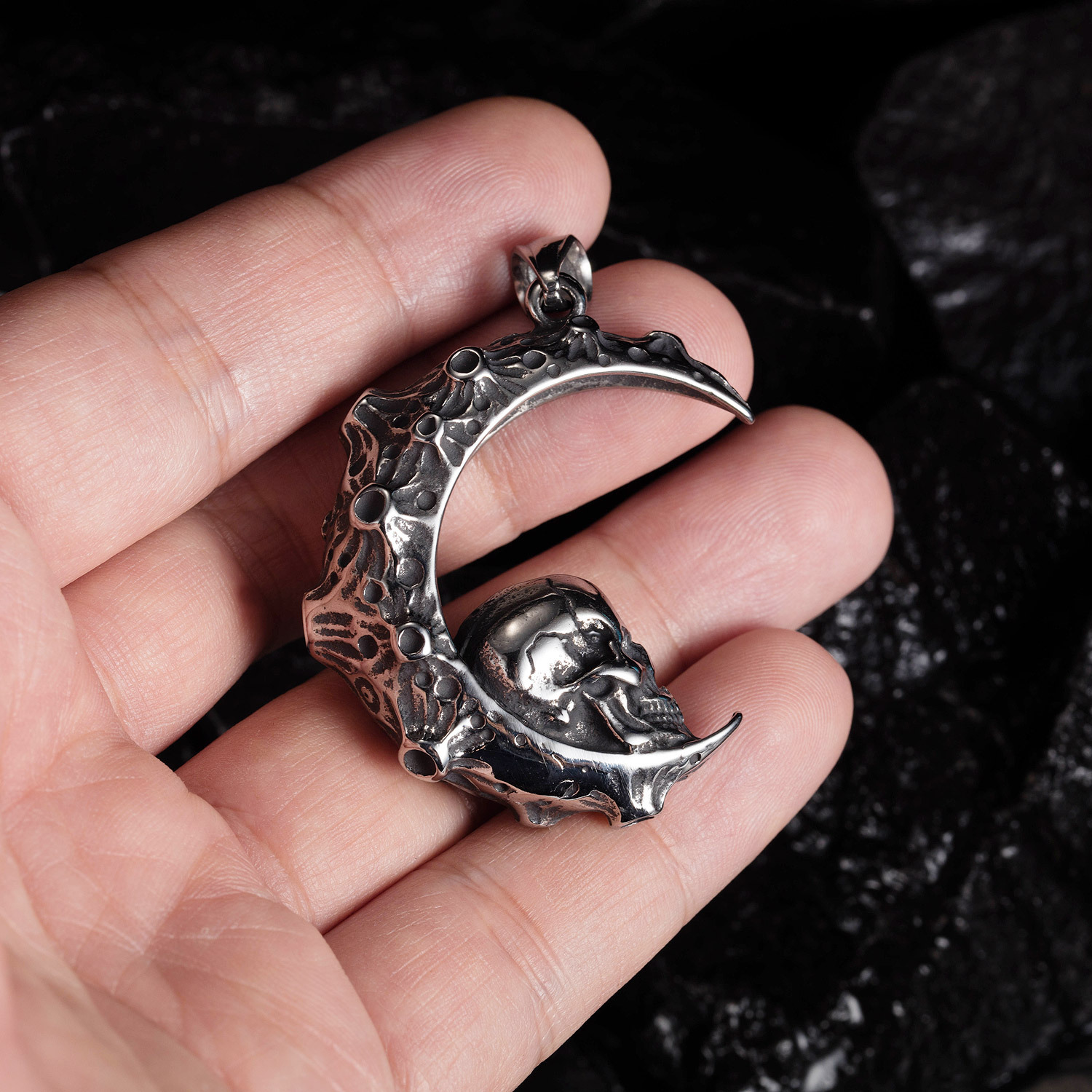 Fashion Trend Creative Personality Moon Titanium Steel Necklace Retro Hip Hop Crescent Skull Pendant