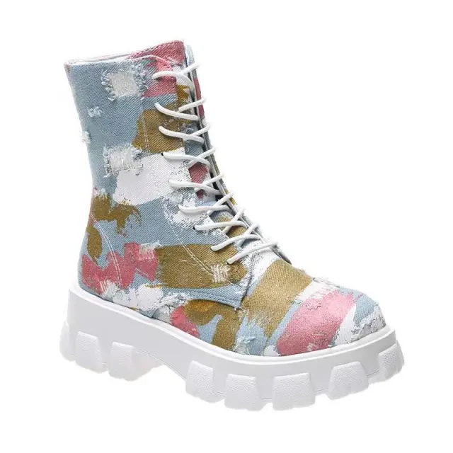 Doc Martens Women's Platform Washed Camo Mid tube Lace up Ankle Boots Pink - Shop at LoveMi