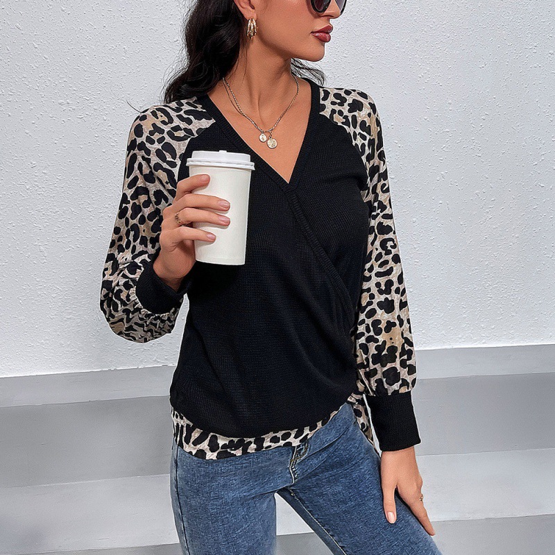 Casual Leopard Print Color Matching V-neck Long-sleeved T-shirt With Belt