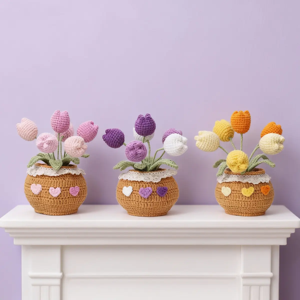 Handmade Crochet Multicolor Tulip Potted Ornament