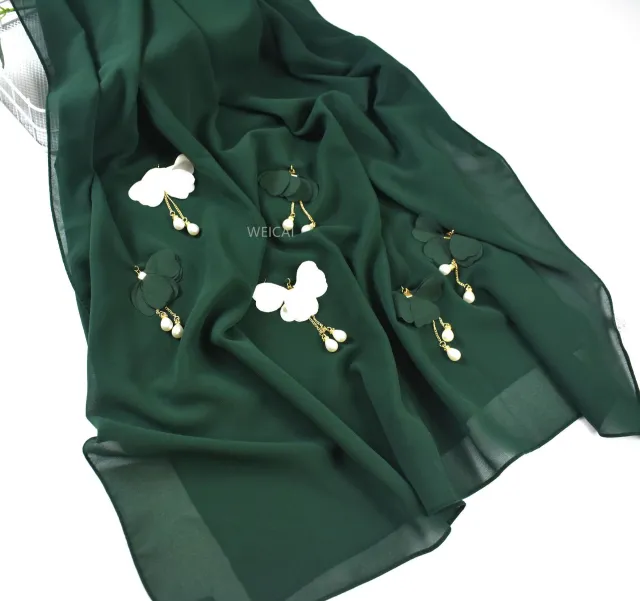 Pearl Chiffon Female Hijab Flower Hui Gauze Scarf Dark Green - Shop at LoveMi